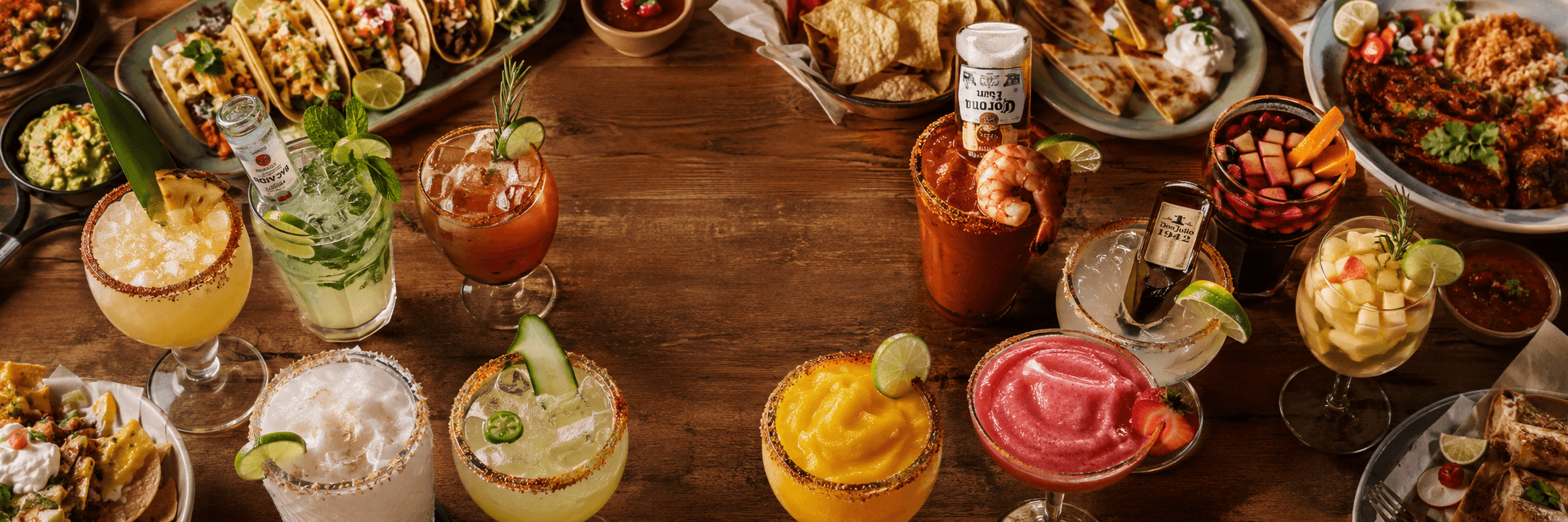 A spread of Cactus Cantina margaritas, micheladas, sangria and appetizers