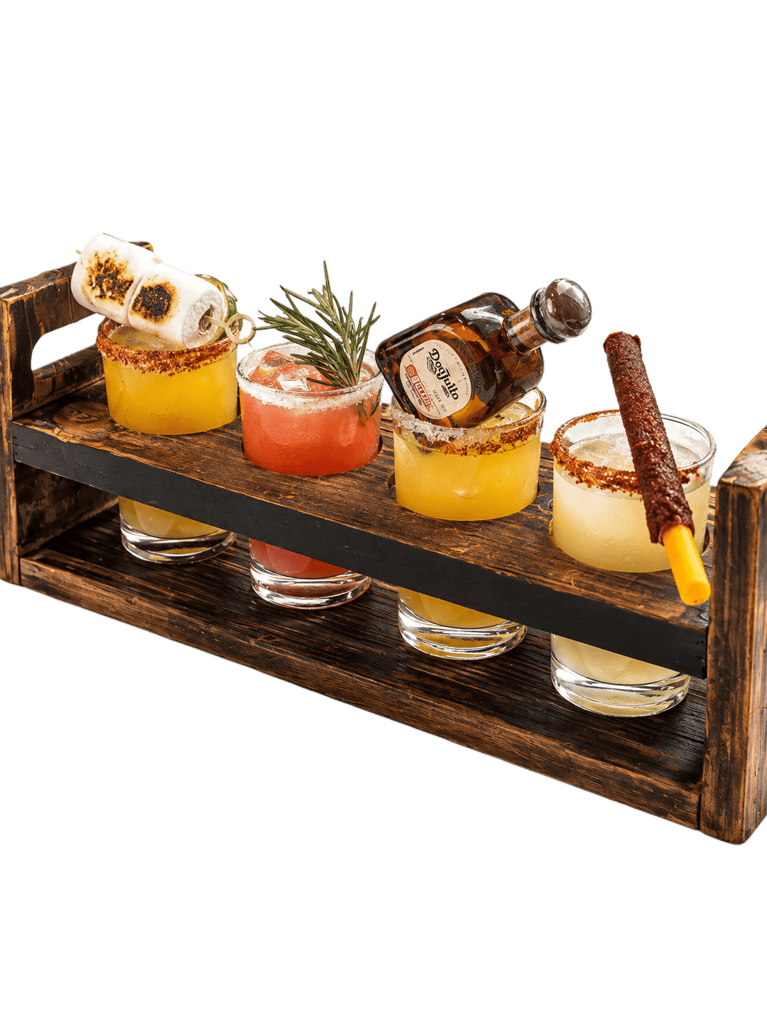 Four mini margaritas in different flavors, served on a wooden flight board