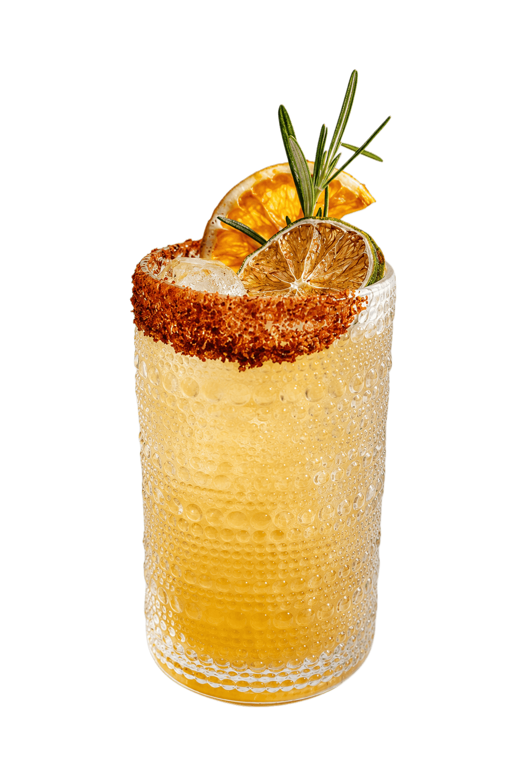 Top Shelf margarita with a chile-salt rim, dried citrus and rosemary garnish